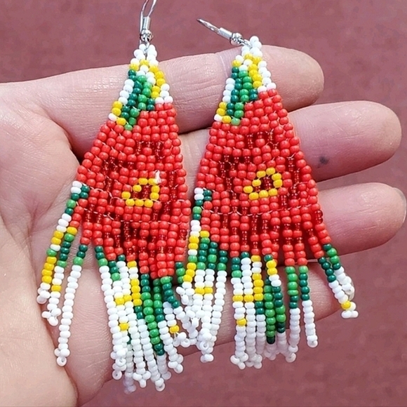 💖 2/$30 Seed Bead long tassel boho white red floral rose drop earrings Festival - Picture 15 of 17